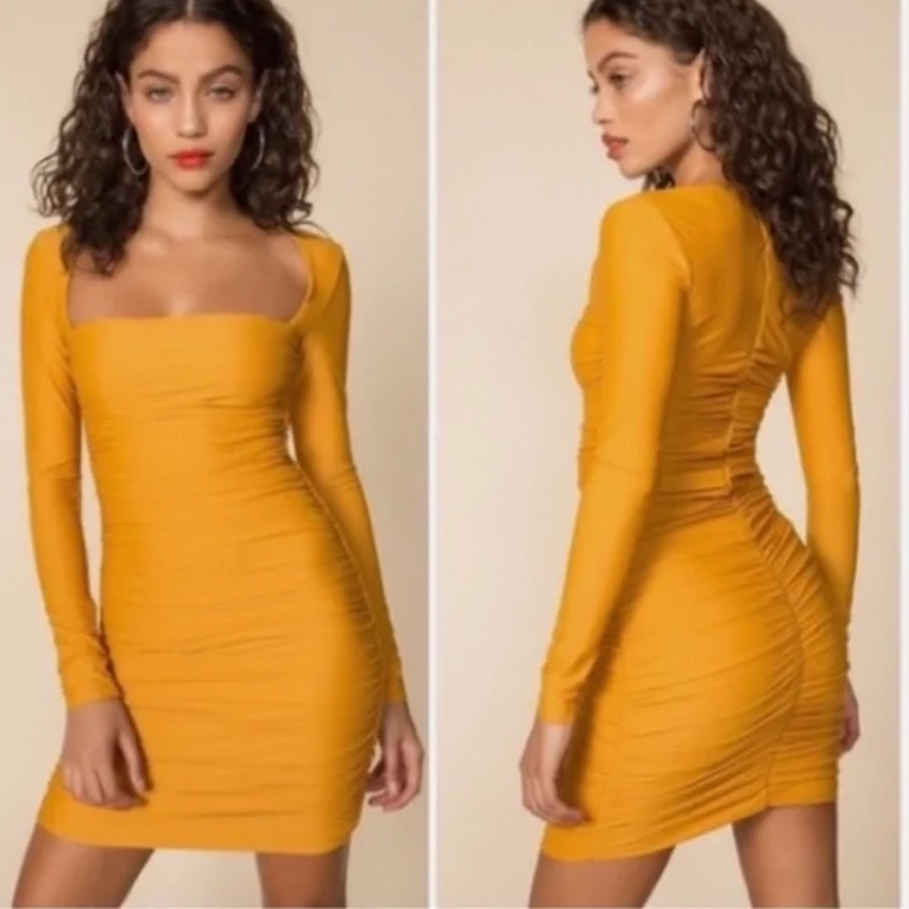 $124 Tiger Mist Ruched Tully Yellow Square Neck Long Sleeve Mini Dress - size s